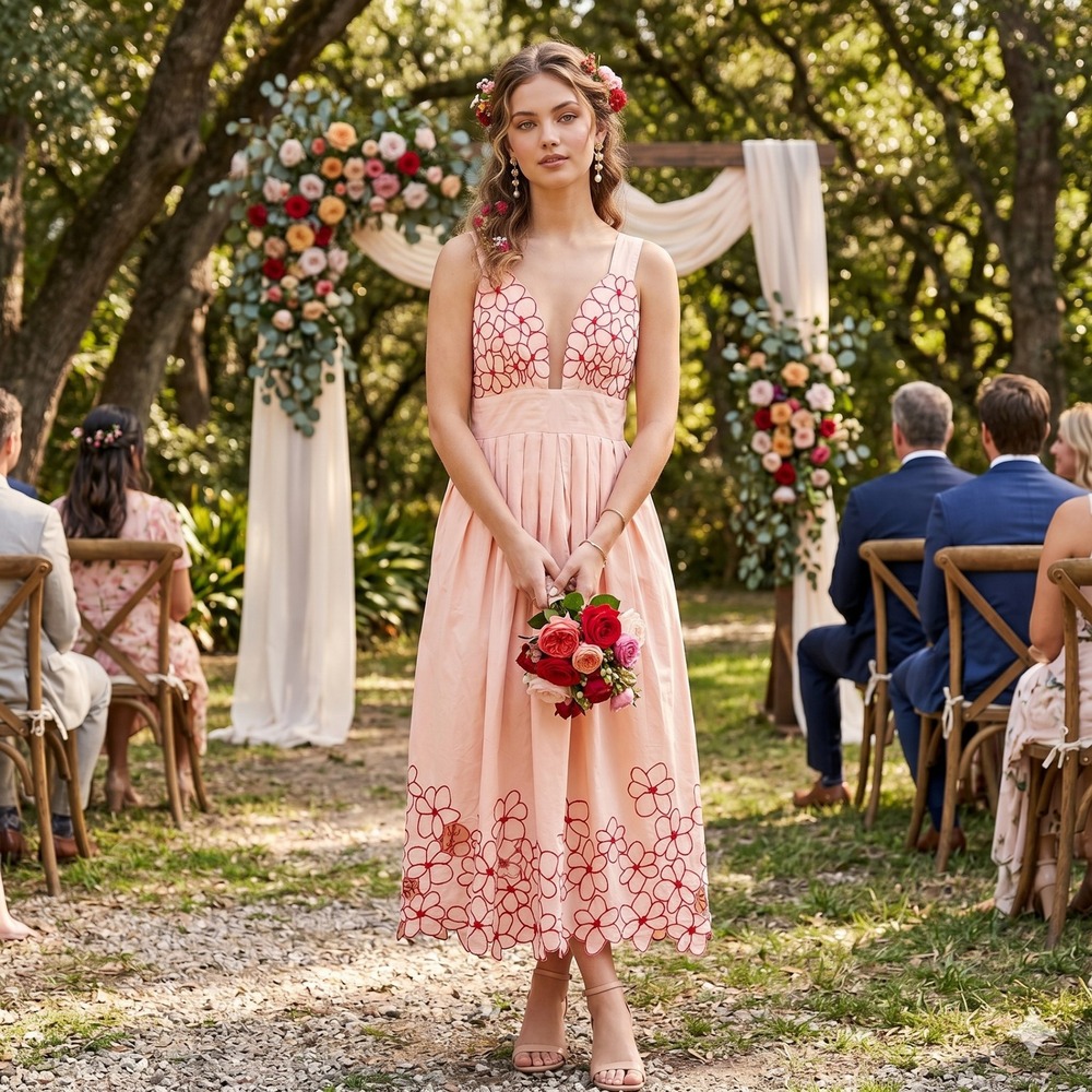 Catherine Malandrino Embroidered Floral Dress Pink Red V-Neck Cotton 6‎ Cottage